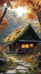 Moss-Covered Cottage in a Tranquil Autumn Forest