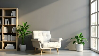 Fototapeta premium A modern living room with a white sofa, a wooden bookshelf, and a potted plant