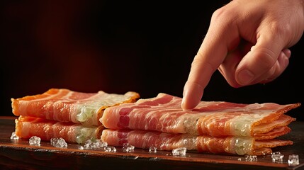 Human hand tasting bacon and eggs isolated on green and red background 