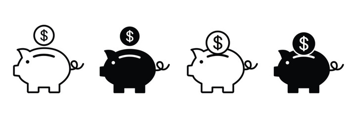 Obraz premium Piggy bank icon vector set. Piggy bank with coin. Piggy bank saving money icon collection. Baby pig piggy bank.