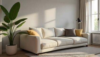 A modern living room with a white sofa, a wooden bookshelf, and a potted plant