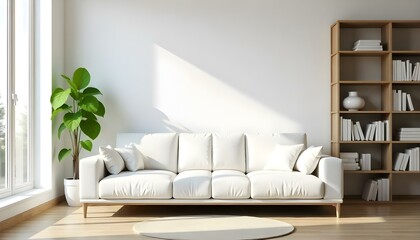 A modern living room with a white sofa, a wooden bookshelf, and a potted plant