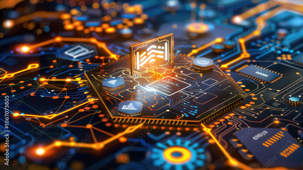 Poster futuristic digital circuit board with glowing elements and intricate patterns, showcasing advanced t