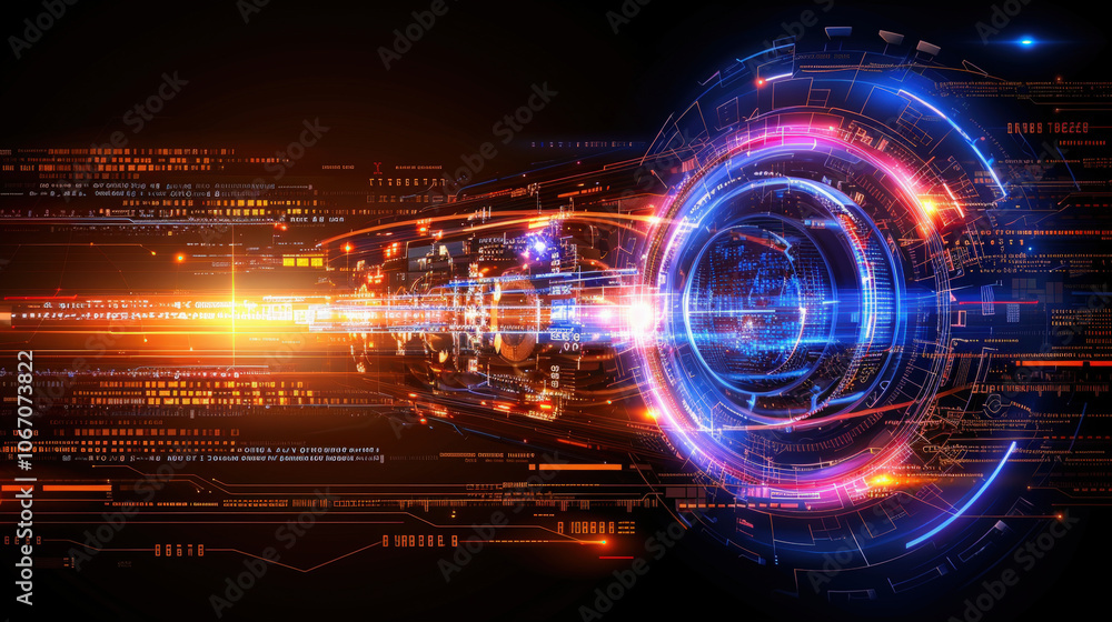 Poster futuristic digital design featuring vibrant colors and abstract patterns, symbolizing technology and