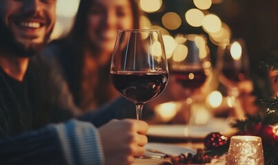 holidays, celebration and people concept - happy friends having christmas dinner at home drinking non-alcoholic red wine