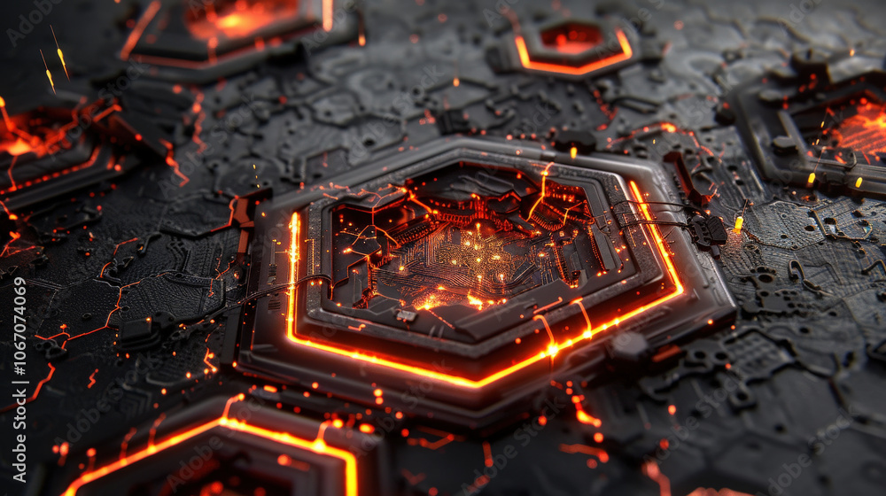 Aufkleber futuristic hexagonal patterns with glowing orange elements create striking visual of digital technol