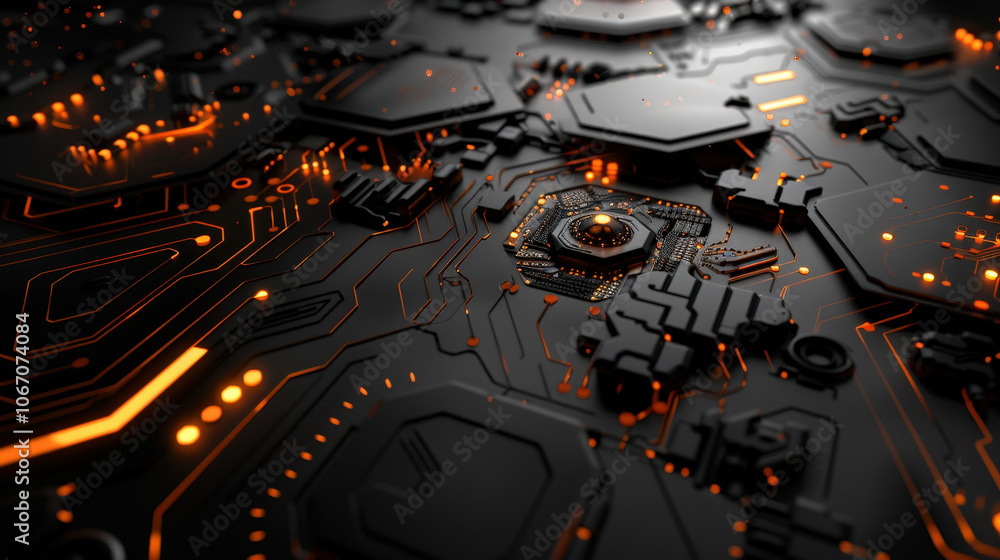 Aufkleber close up view of futuristic circuit board featuring hexagonal patterns and glowing orange elements, 