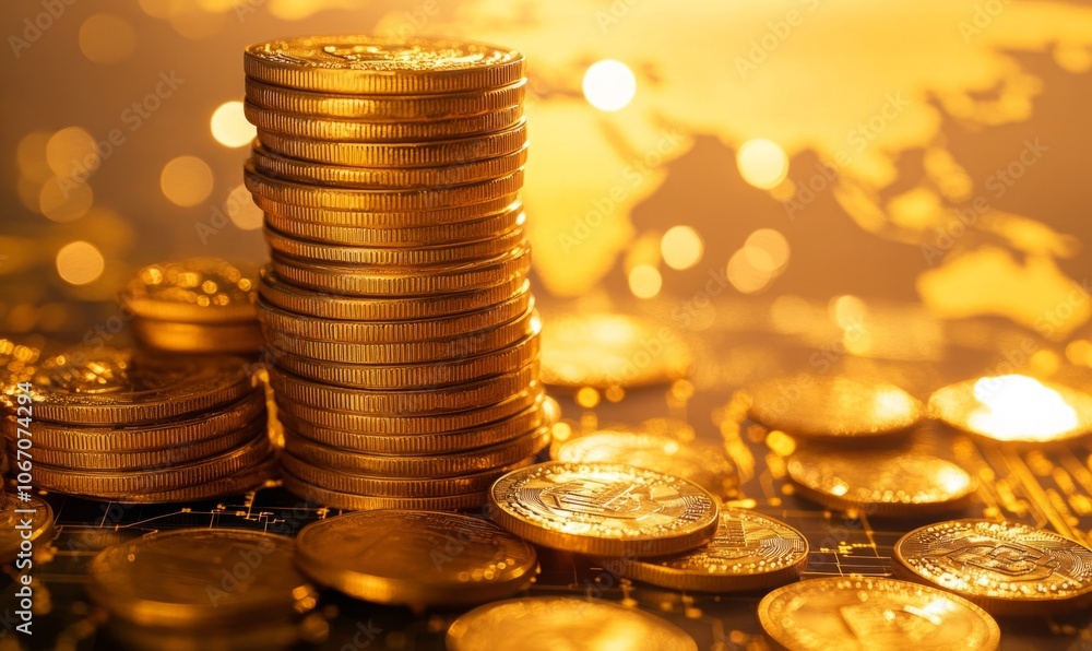 Poster golden coins stack with digital world map background