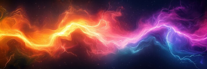 A vibrant, abstract image of swirling energy, rendered in warm oranges and reds on the left, and cool blues and purples on the right