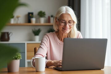 Smiling Senior Woman Using Laptop at Home Office, Enjoying Coffee, Surrounded by Plants, Perfect for Aging in Place Concepts