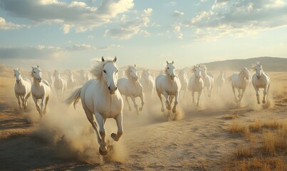herd of horses in field, A high-definition, super realistic image of a herd of white horses running across a dirt field