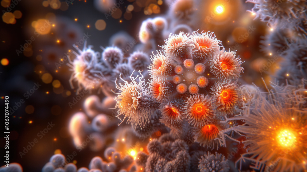 Poster intricate microscopic structures resembling coral or microorganisms, illuminated with vibrant colors