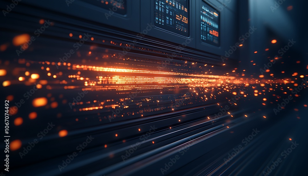 Fototapete A dynamic representation of digital data flow, showcasing vibrant lines of light amidst dark server infrastructure, symbolizing speed and technology.