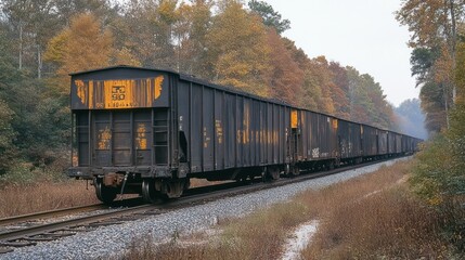 Fototapeta premium Black Freight Train Traveling Through Fall Foliage