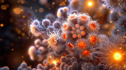 Intricate microscopic structures resembling coral or microorganisms, illuminated with vibrant colors and glowing details, create captivating visual experience