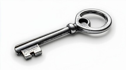 Closeup of an old,vintage,and rusty metal key on a plain white background. The key symbolizes security,protection,and access to a door or entrance.