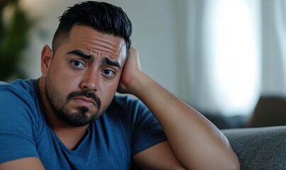 Obraz premium Hispanic man on sofa sad and disappointed after reading online bad news