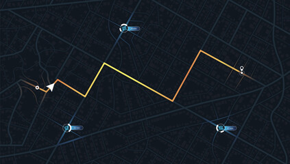Online location tracking with data of arrive time on city map. Huge city map with roads streets as background. Vector illustration