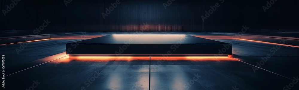 Poster A futuristic scene showcasing a glowing rectangular platform set against a dark backdrop, evoking a high-tech ambiance.
