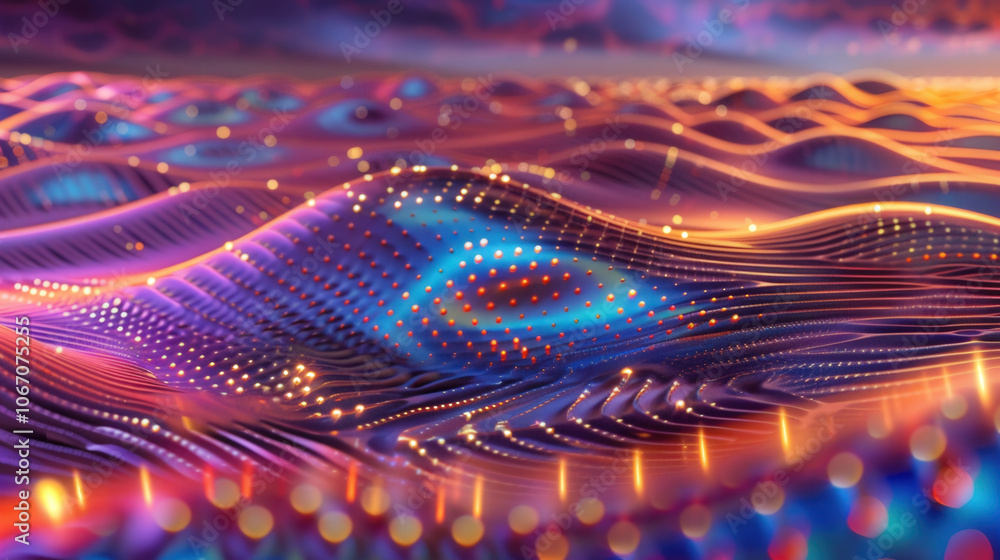 Poster vibrant wave patterns create mesmerizing landscape of colors and lights, showcasing spectrum of rain