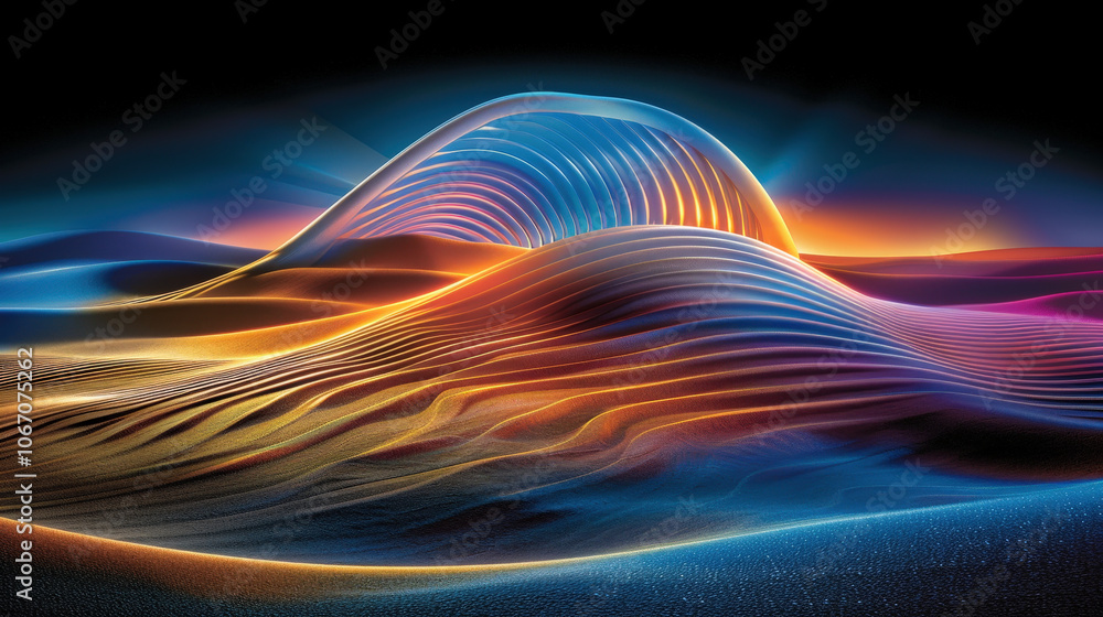 Poster mesmerizing landscape of groovy wave patterns in spectrum of rainbow hues, showcasing vibrant colors