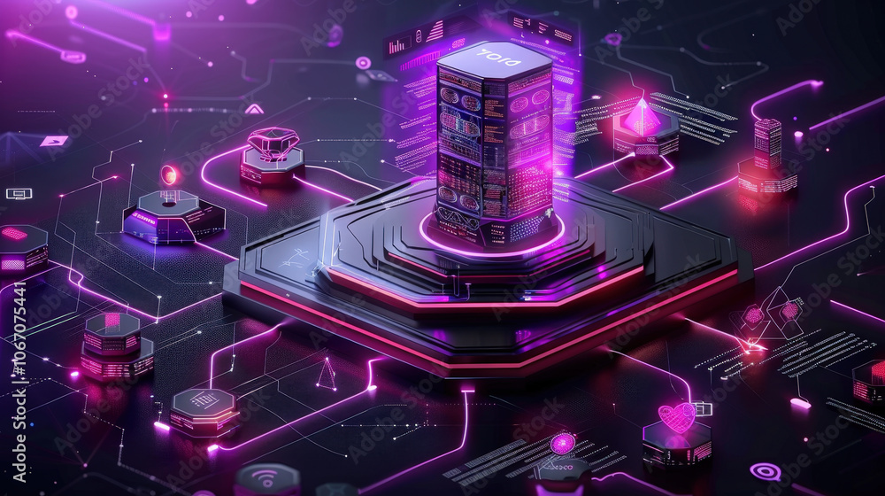 Aufkleber digital network design showcasing futuristic hexagonal structure with vibrant pink and purple hues. 