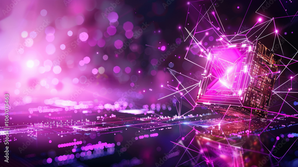 Aufkleber futuristic digital design featuring glowing cube with intricate circuitry, surrounded by vibrant pin