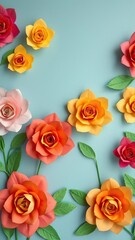Naklejka premium Colorful paper roses in a vibrant backdrop, background