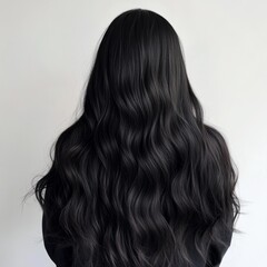 Naklejka premium Back view of long, wavy black hair with a natural texture, styled against a white background, emphasizing volume and shine.