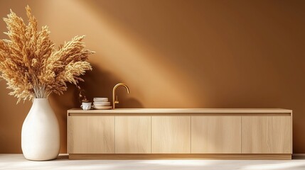 Modern minimalist kitchen wall mockup with wooden cabinets and golden faucet inviting creativity