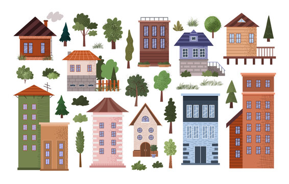 Set of different flat urban and countryside building icons, trees, bushes. Isolated skyscraper, apartment building, cottage, country house, villa. Flat vector illustrations of urban and suburban life.