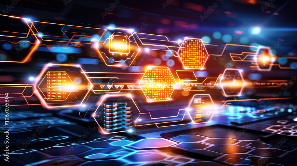 Aufkleber dynamic hexagonal patterns symbolize big data analysis, showcasing vibrant colors and intricate desi