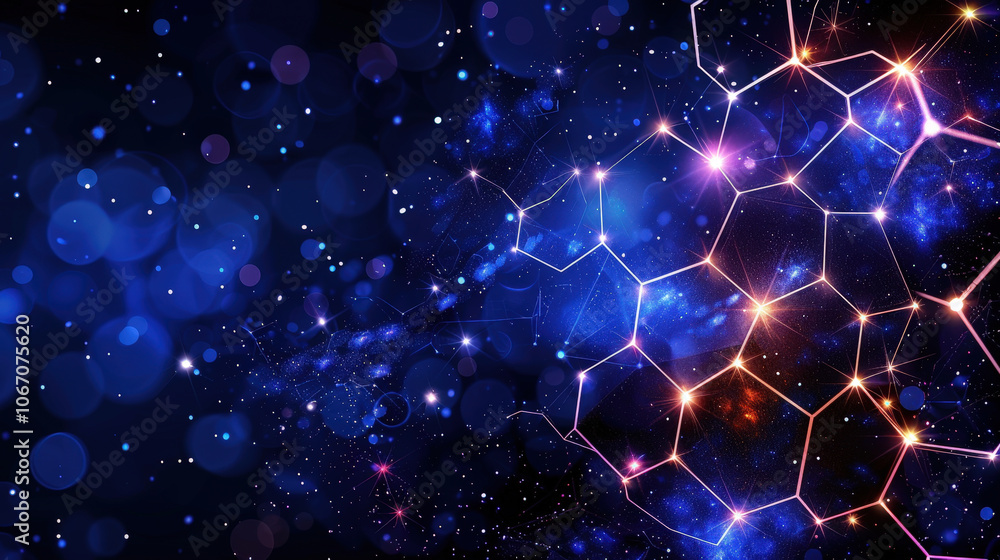 Poster stunning hexagonal pattern representing big data analysis, set against cosmic background filled with