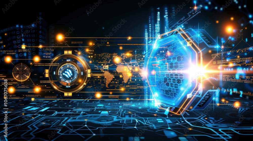 Aufkleber digital technology background featuring hexagonal patterns, data analysis, and glowing elements. thi