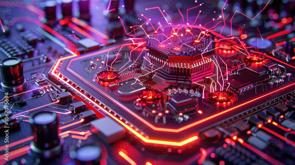 Poster high tech circuit board with glowing components and dynamic energy flow, showcasing futuristic desig