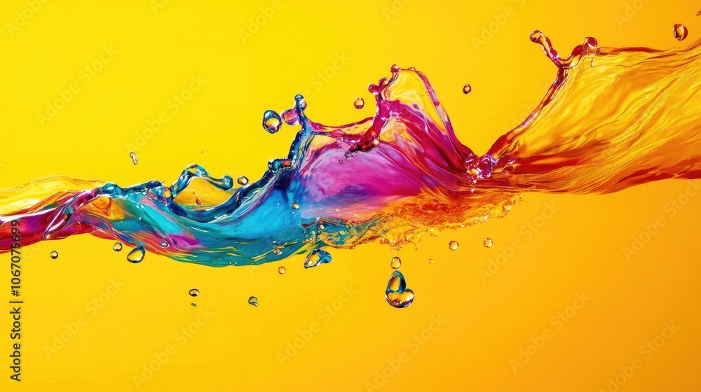 Poster colorful liquid floating in water creates a dynamic visual effect against a yellow background. this 