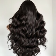 Naklejka premium Rear view of long, dark wavy hair cascading down the back, showcasing smooth texture and natural waves against a white background.
