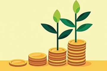 Grow Your Wealth with This Vibrant Golden Coin Stack and Lush Green Plant Illustration