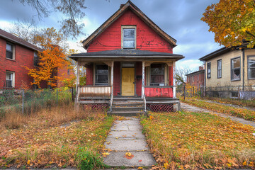 Rustic abandoned red house in autumn urban landscape. Lead Paint Removal on old building concept © Agata25