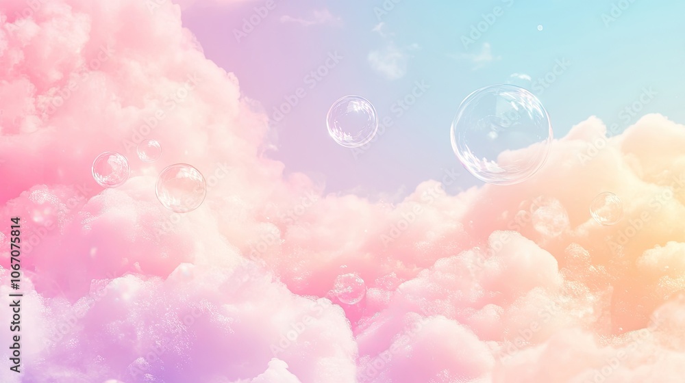 Poster soap bubbles float in soft light, creating a gentle pastel cloud background filled with delicate foa