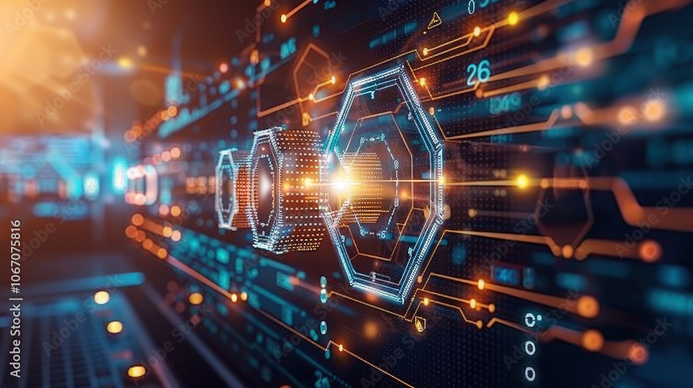 Poster digital hexagons connected with glowing lines create futuristic network, showcasing technology and i