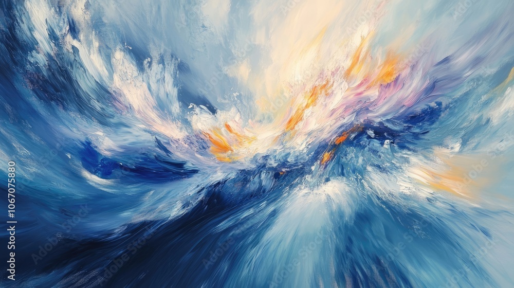 Poster abstract painting capturing the essence of ocean waves and clouds, with a focus on their dynamic mov