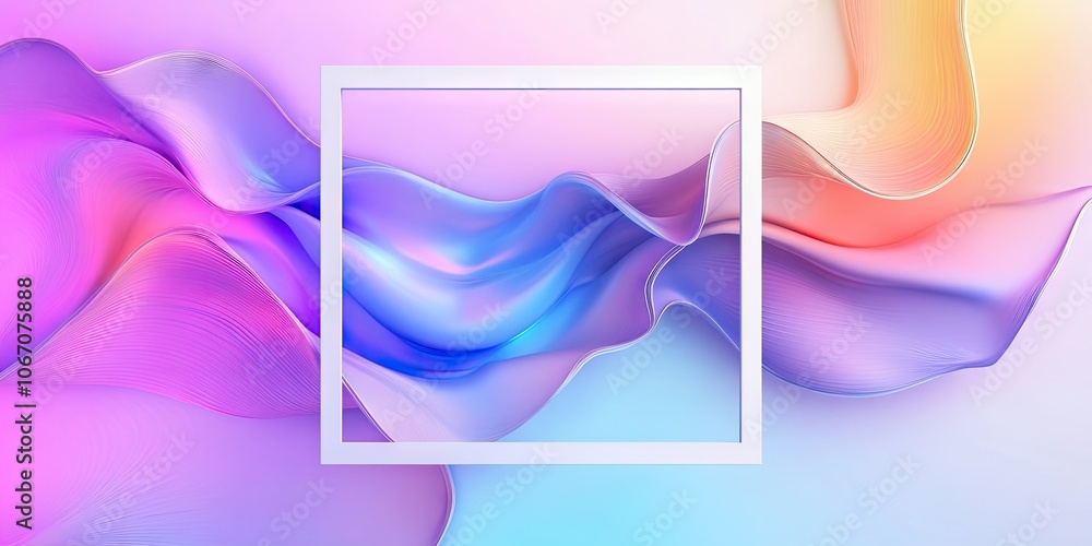 Poster three dimensional rendering showcases an abstract geometric background featuring a white cubic frame