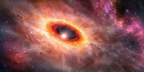 A black hole consumes stardust while surrounded by the glowing beauty of nearby stars and cosmic light. The black hole actively ingests stardust in this radiant environment.
