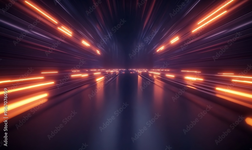 Poster A futuristic scene with vibrant orange lights and a sense of speed, resembling a digital tunnel or light path.