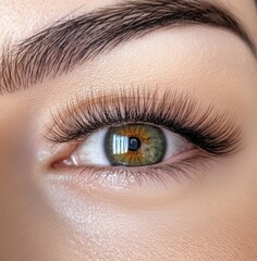 Obraz premium Detailed macro shot of a green eye with long eyelashes and a well-defined eyebrow. The image highlights the intricate iris pattern and natural beauty.