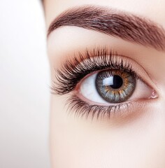 Obraz premium High-resolution close-up of a blue eye with long, voluminous eyelashes and a well-defined eyebrow, showcasing detailed iris and natural skin.