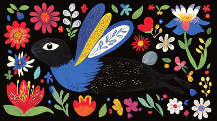 Colorful winged rabbit surrounded by vibrant flowers and foliage in a whimsical art style