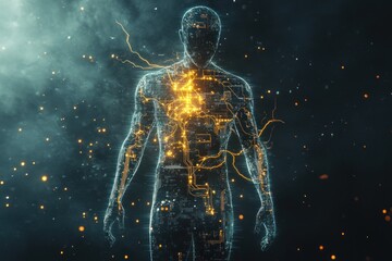 Digital Human Figure with Circuitry and Glowing Lights