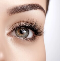 Naklejka premium Detailed close-up image of a human eye with thick, voluminous eyelashes and well-groomed eyebrows, showcasing natural beauty and skin texture.